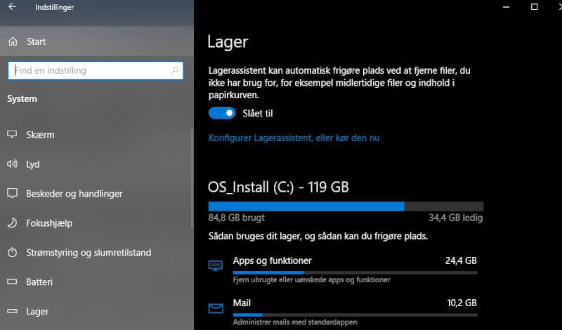 Aktiver lagerassistent Windows 10 Storage sense.JPG